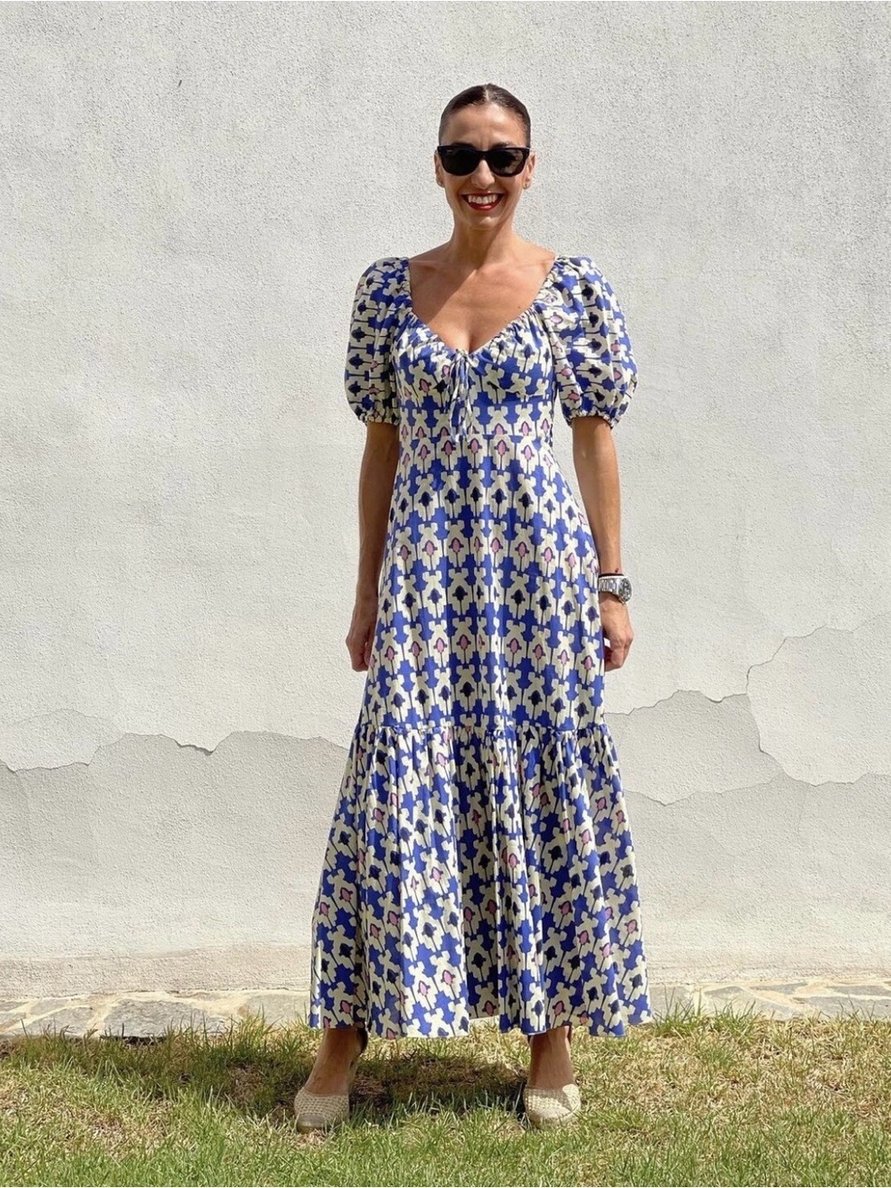Zara Puff-Sleeve Tie-Front Geometric Tiered Maxi Dress Blue/Cream/Pink XS